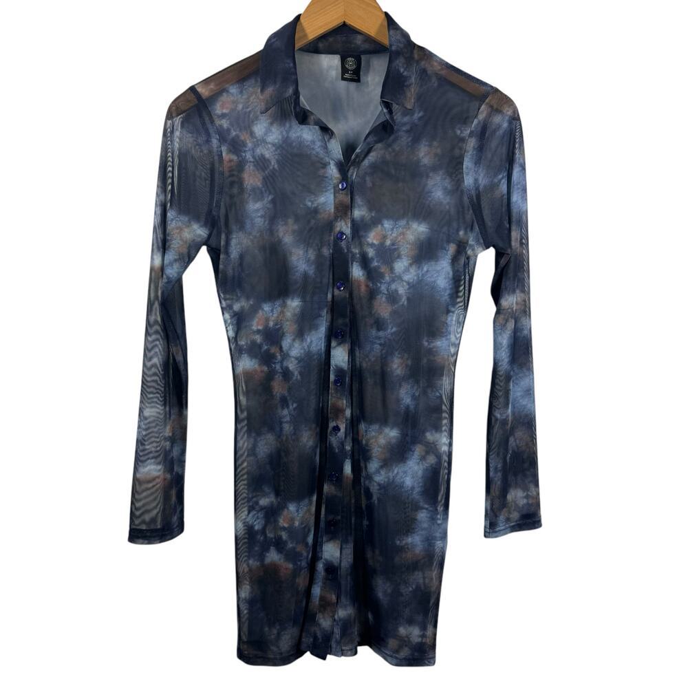 Urban Outfitters Dress Women Size S Blue Sheer 70s Geo Button-Through Mesh Shirt